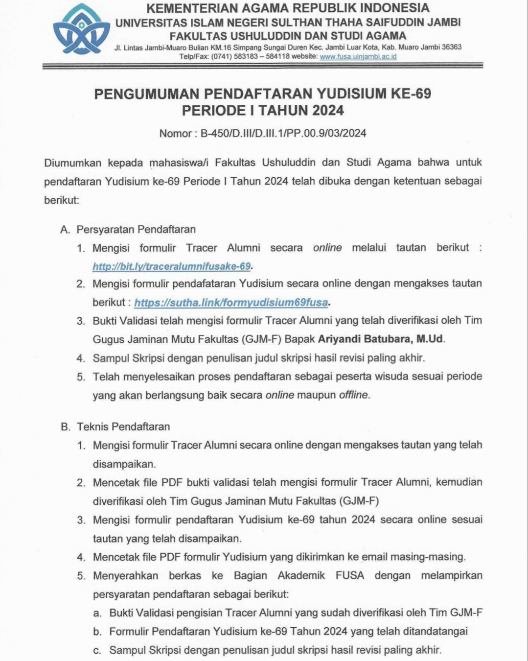 PENGUMUMAN : Pendaftaran Yudisium ke-69