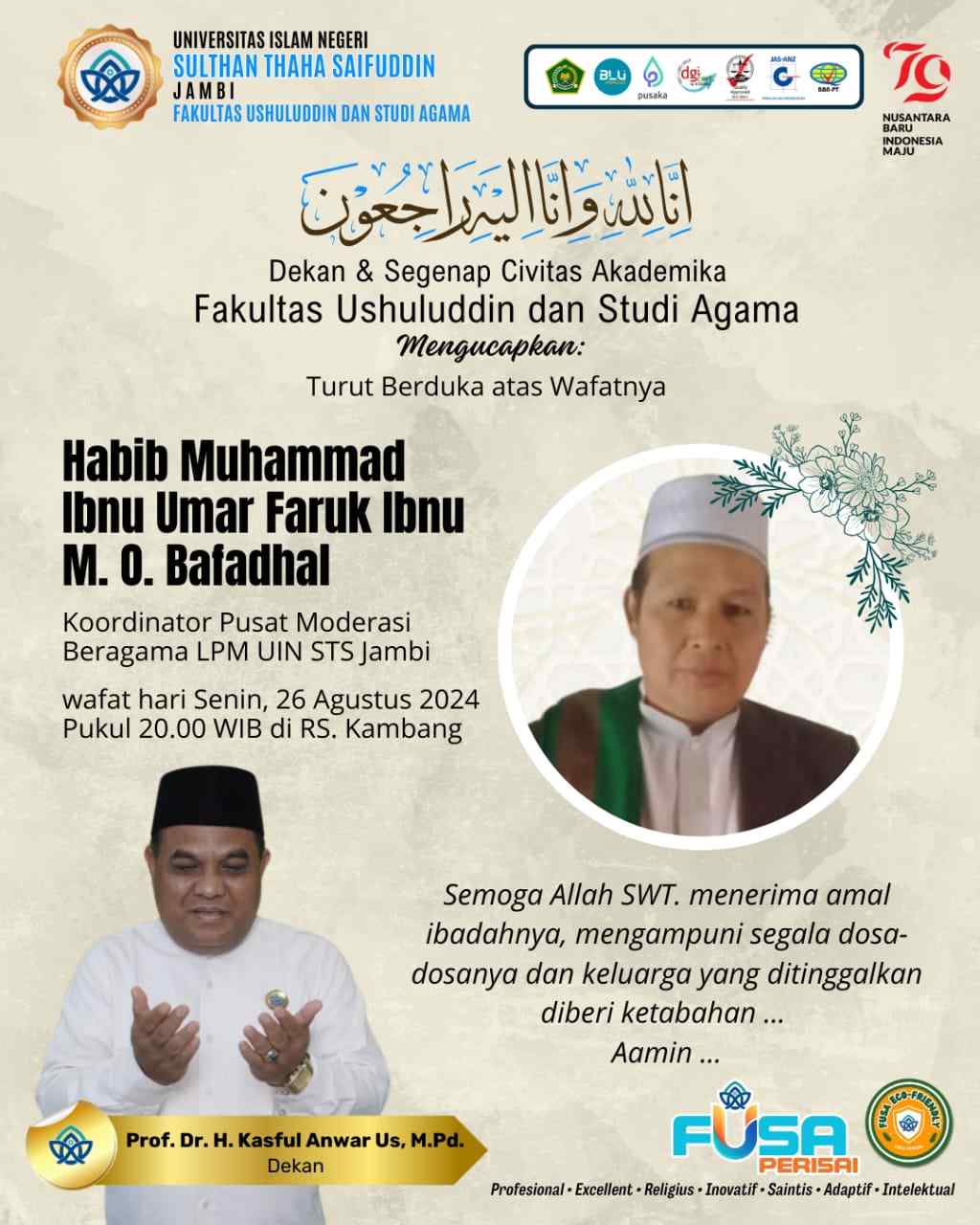 Dekan dan Civitas FUSA Berduka Atas Wafatnya Dosen Tarbiyah Habib Muhammad