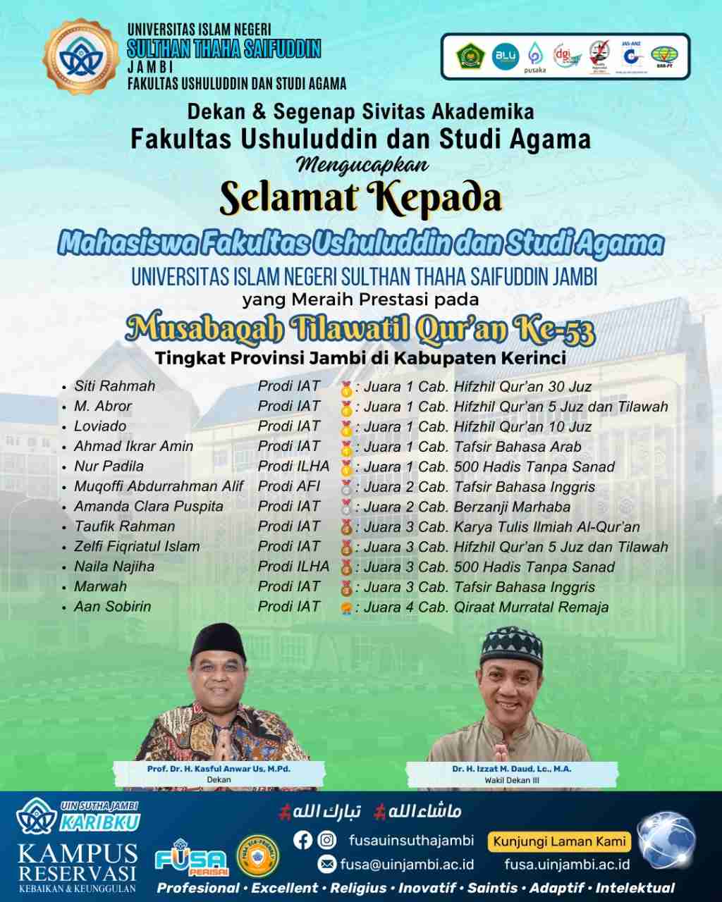 Prestasi Gemilang 12 Orang Mahasiswa FUSA Raih Juara MTQ ke-53 Tingkat Provinsi Jambi