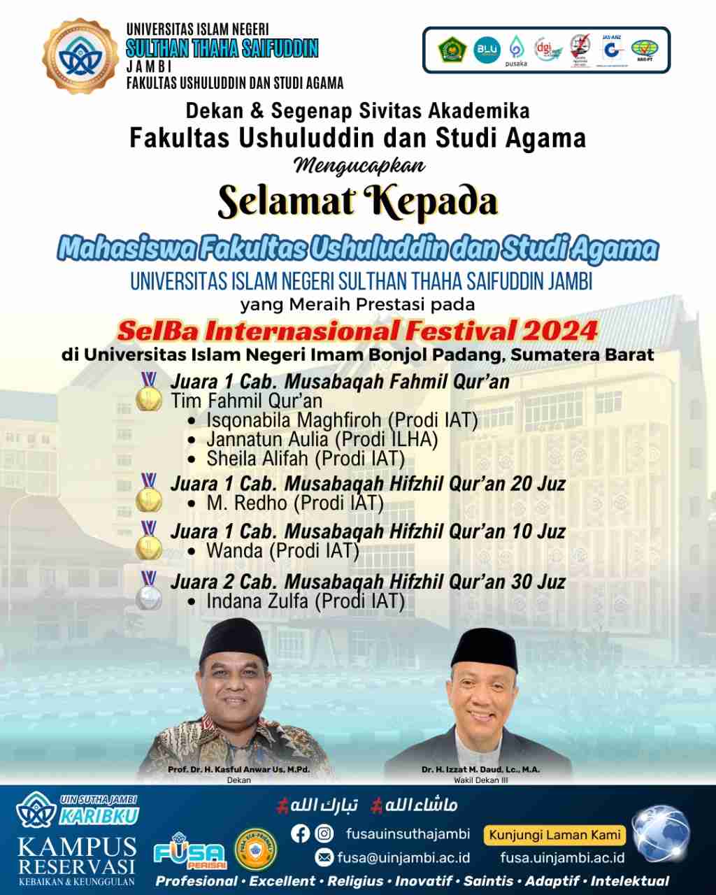 Dekan FUSA Prof. Kasful Anwar: Bangga 6 Mahasiswa Raih Juara pada SelBA Internasional Fastival (SIF)